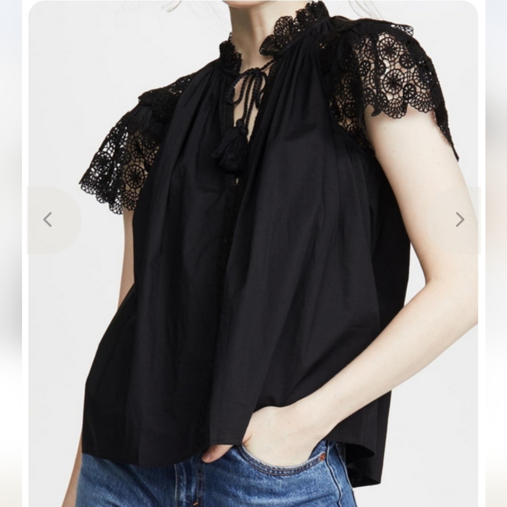 Ulla Johnson Elise Black Cotton Lace Blouse Boho Romantic Flutter Sleeve Top 0